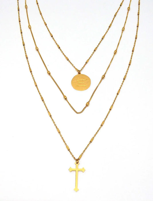 Trend Halskette mit rundem Anhänger und Kreuz 3tlg goldfarben trendiger Damen Modeschmuck nickelfrei