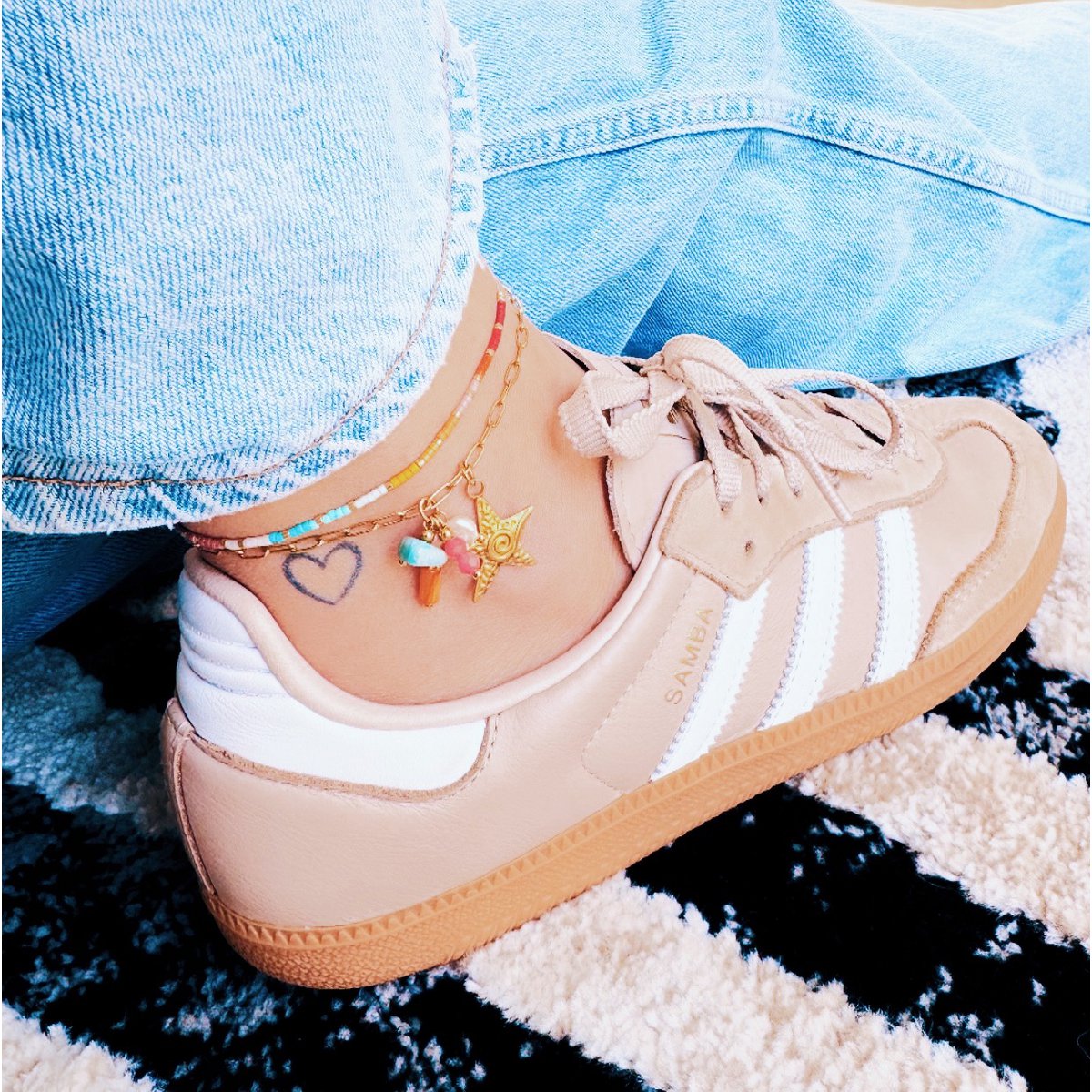 Ketten -Fußkettchen mit Seesterne und Edelsteinen gold Damen Mode Accessoire Schmuck Edelstahl