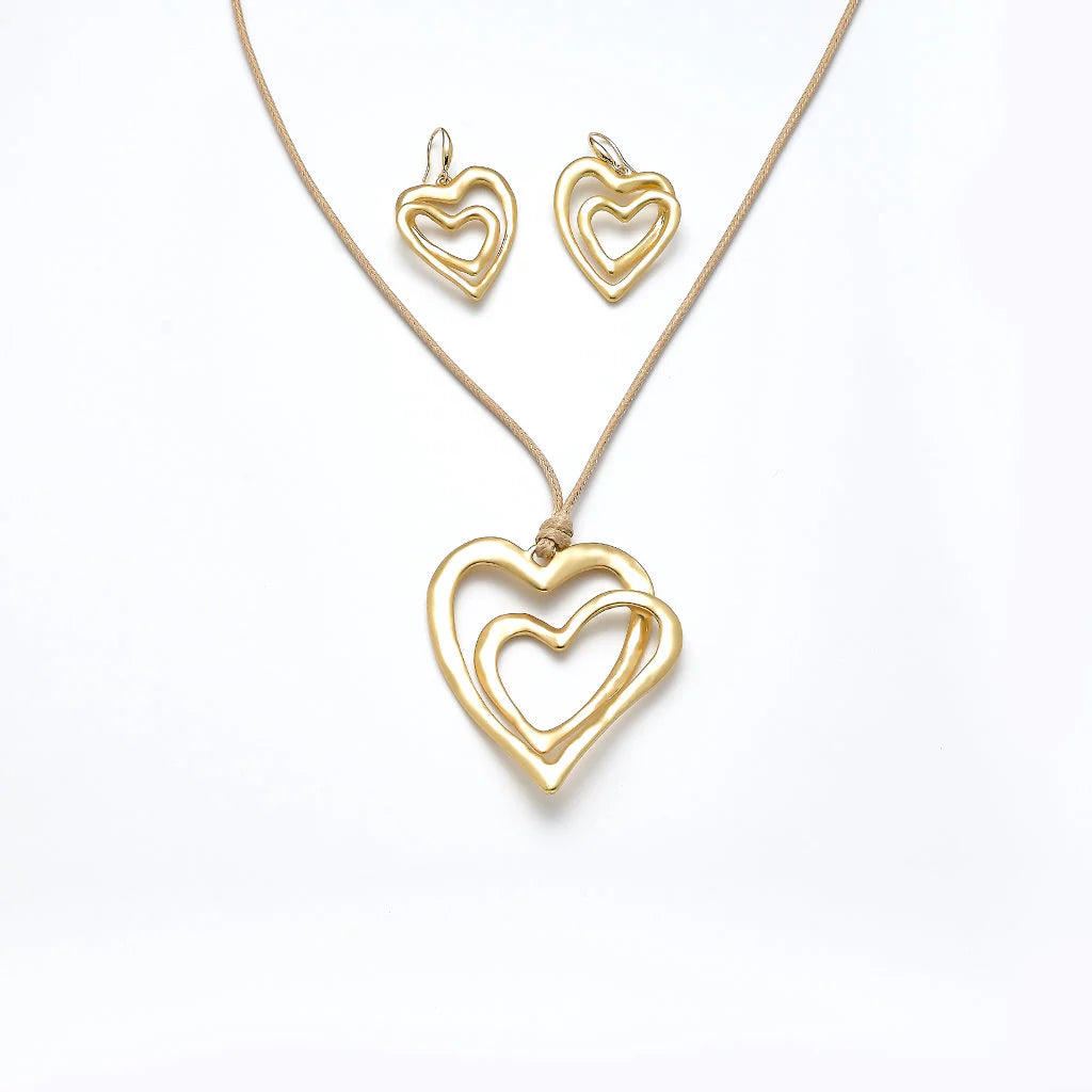 Lange Kette und Ohrschmuck 2tlg. Schmuckset Garnitur Herz vergoldet  Collier + Ohrringe nickelfrei Damen Modeschmuck Accessoire