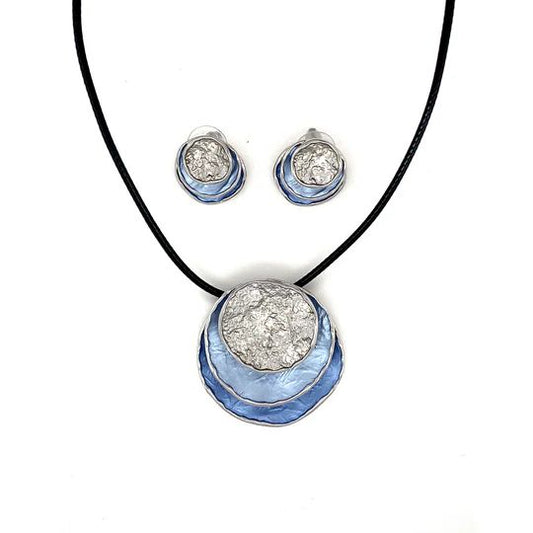 SchmuckSet Garnitur 2tlg-HALSKETTE + Ohrringe Collier / Ohrstecker matt-blau an Texilband Damen  Modeschmuck nickelfrei