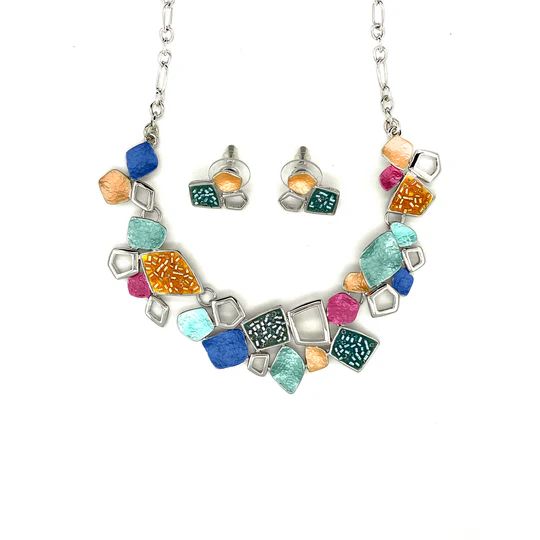 SchmuckSet Garnitur 2tlg-HALSKETTE + Ohrringe Collier / Ohrstecker rhodiniert multicolor Damen  Modeschmuck nickelfrei