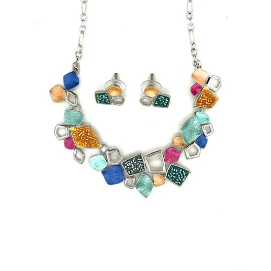 SchmuckSet Garnitur 2tlg-HALSKETTE + Ohrringe Collier / Ohrstecker rhodiniert multicolor Damen  Modeschmuck nickelfrei
