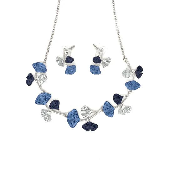 SchmuckSet Garnitur 2tlg-HALSKETTE + Ohrringe Collier / Ohrstecker GINKGOBLATT rhodiniert Blau-Töne Damen  Modeschmuck nickelfrei