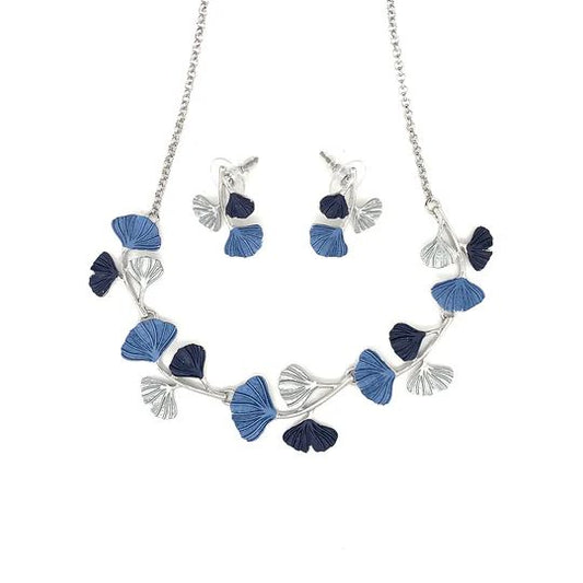 SchmuckSet Garnitur 2tlg-HALSKETTE + Ohrringe Collier / Ohrstecker GINKGOBLATT rhodiniert Blau-Töne Damen  Modeschmuck nickelfrei