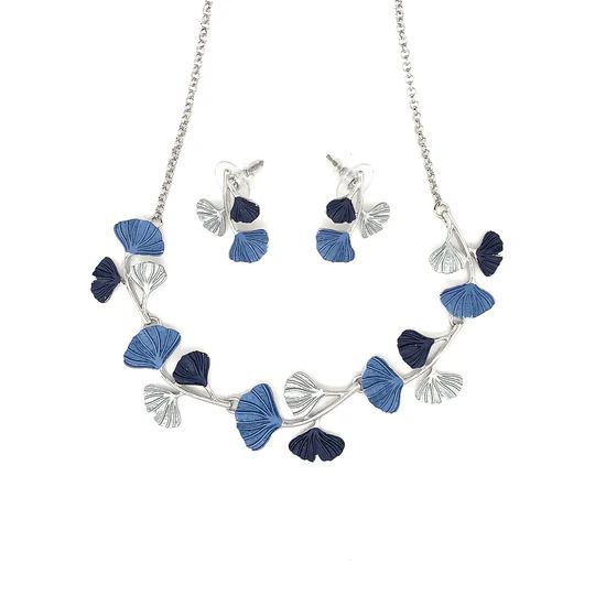 Halskette + Ohrringe Schmuckset Garnitur Ginkgo Damen blau-Töne  Collier + Ohrschmuck Silbertöne nickelfrei Damen Modeschmuck Accessoire (Kopie) (Kopie)