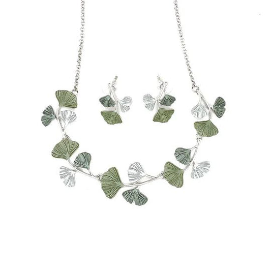 Halskette + Ohrringe Schmuckset Garnitur Ginkgo Damen Oliv-Töne  Collier + Ohrschmuck Silbertöne nickelfrei Damen Modeschmuck Accessoire