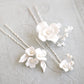 Handgefertigte Braut-Haarnadeln aus Keramik mit weißen Blumen – ein 3er-Set – Gold und Silber