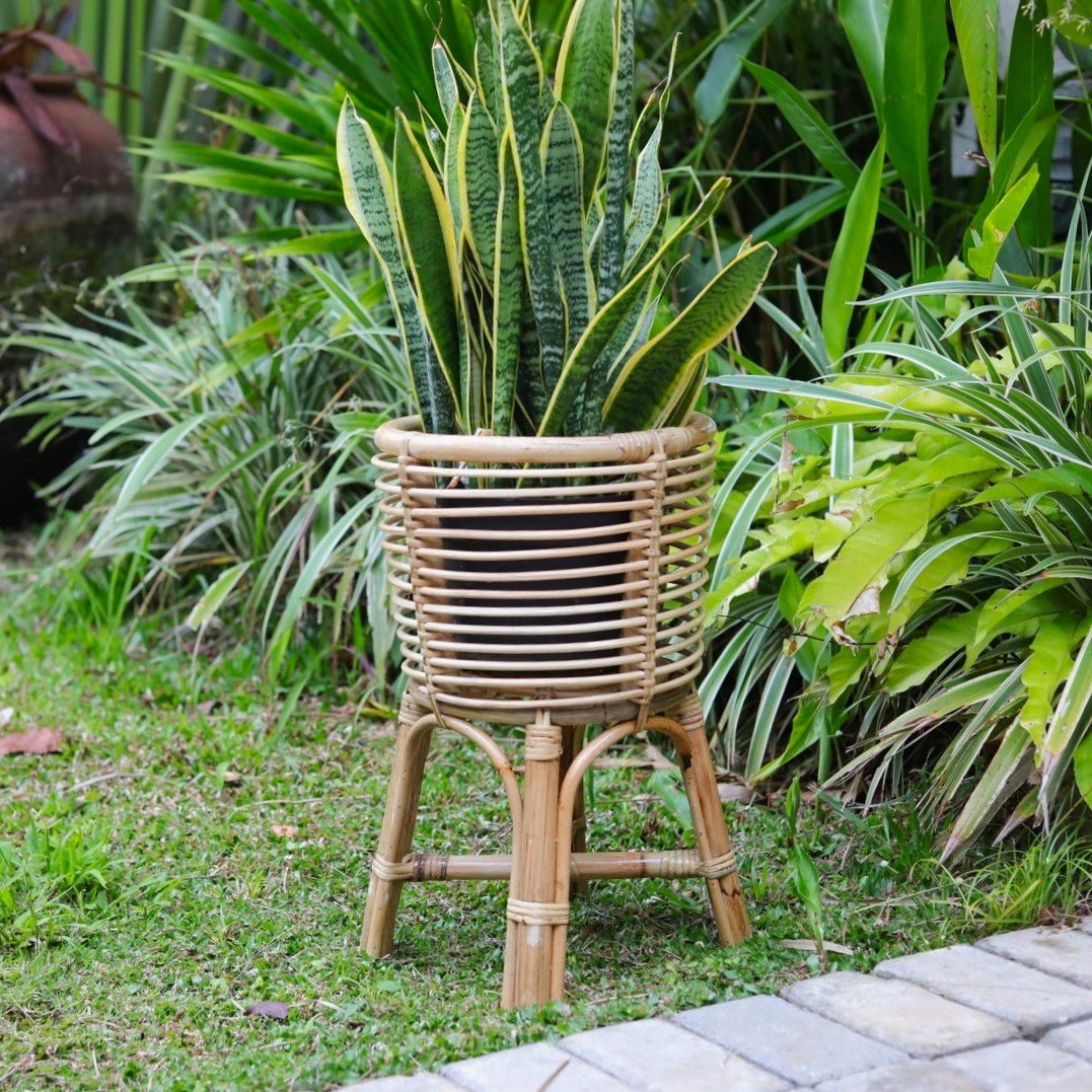 Rattan-Pflanzenständer rund – Boho-Pflanzgefäß – Rattan-Pflanzkorb – natürlicher Blumenständer für Töpfe bis Ø20 cm AKARA
