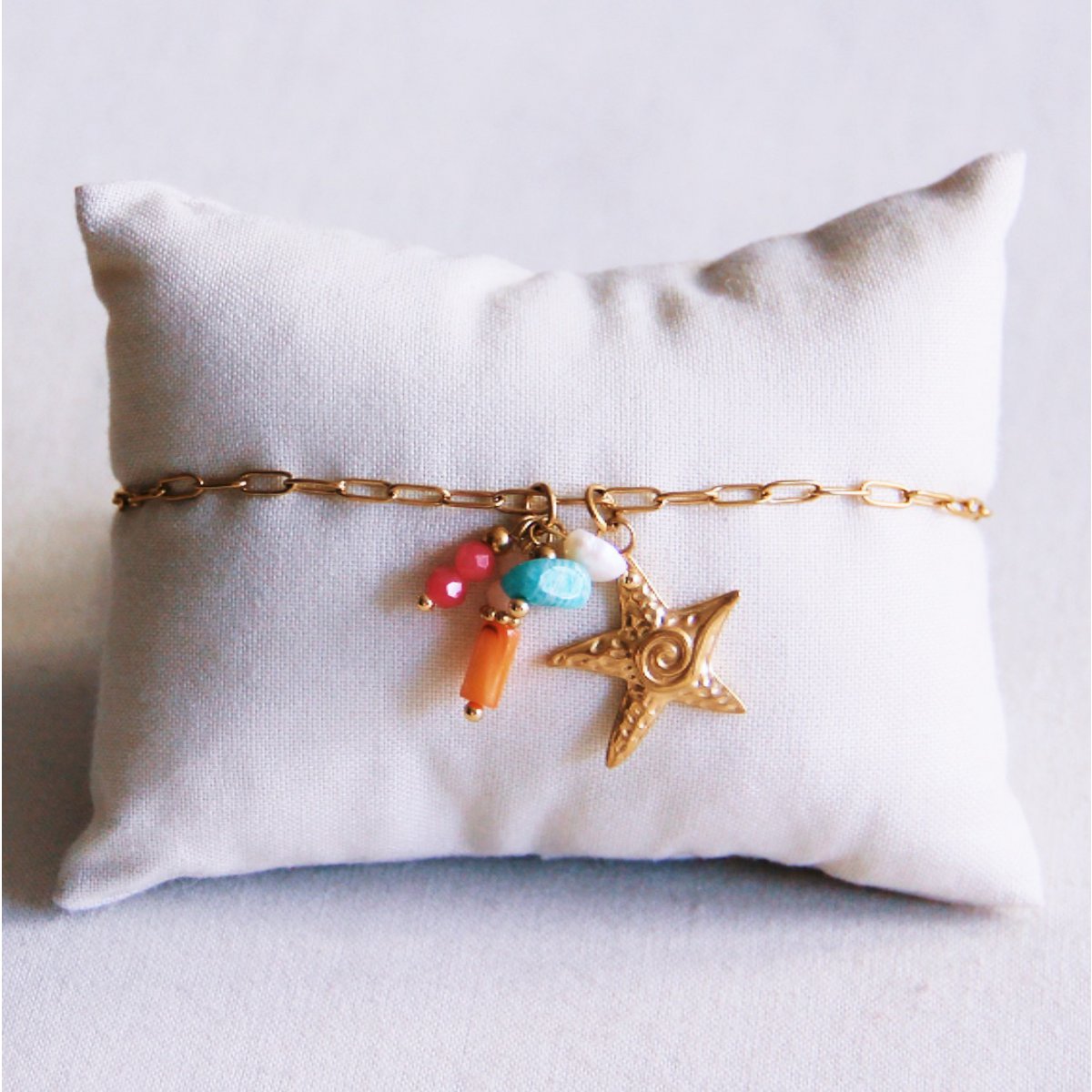 Ketten -Fußkettchen mit Seesterne und Edelsteinen gold Damen Mode Accessoire Schmuck Edelstahl