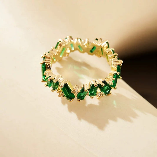 Smaragd-Blumenring – Eleganter und königlicher Gold-Vermeil-Ring im Smaragdschliff – Größe 6,7,8