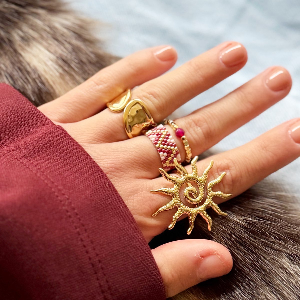 Elastischer Ring mit Naturstein - Pink Damen Mode Accessoire Schmuck Edelstahl