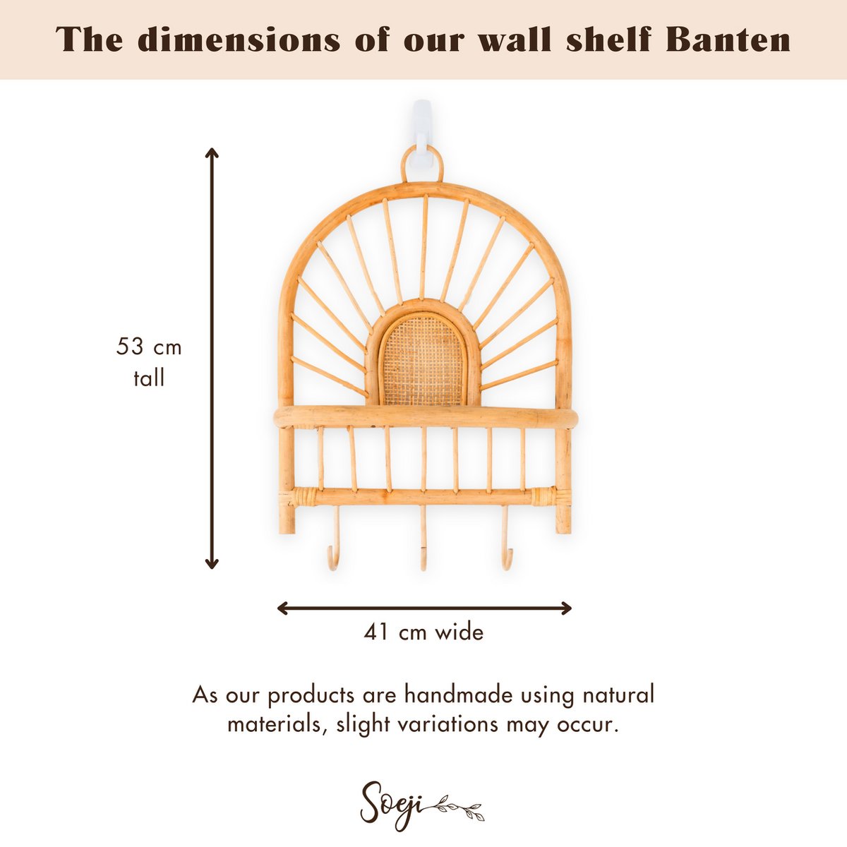 Rattan-Wandregal – Kleines Boho-Wandregal – Hängendes Rattan-Regal – Kleider- oder Schlüsselhaken – Handgefertigtes Regal aus Rattan (41 x 53 cm) BANTEN