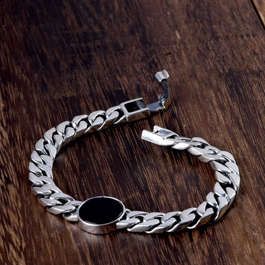 Auffälliges kubanisches Kettenarmband aus Sterlingsilber – runder schwarzer Onyx