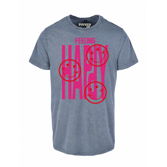 Gewaschenes T-Shirt Feeling Happy Hot Pink