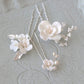 Handgefertigte Braut-Haarnadeln aus Keramik mit weißen Blumen – ein 3er-Set – Gold und Silber