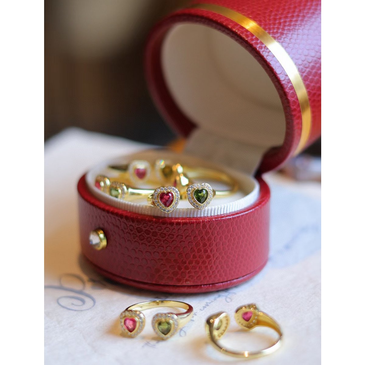 Doppelherz-Gold-Vermeil-Ring – rosa und grüner Turmalin – verstellbar