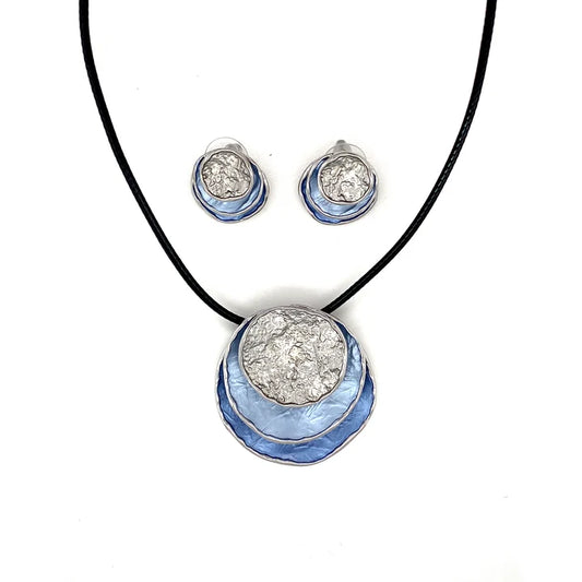 Collier und Ohrringe 2tlg. Schmuckset Garnitur rhodiniert matt blau  Kette+Ohrschmuck nickelfrei Damen Modeschmuck Accessoire
